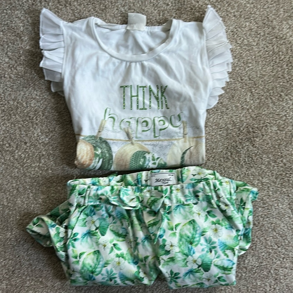 Mayoral outfit think happy flutter shirt with 
Flower lightweight pants size 6